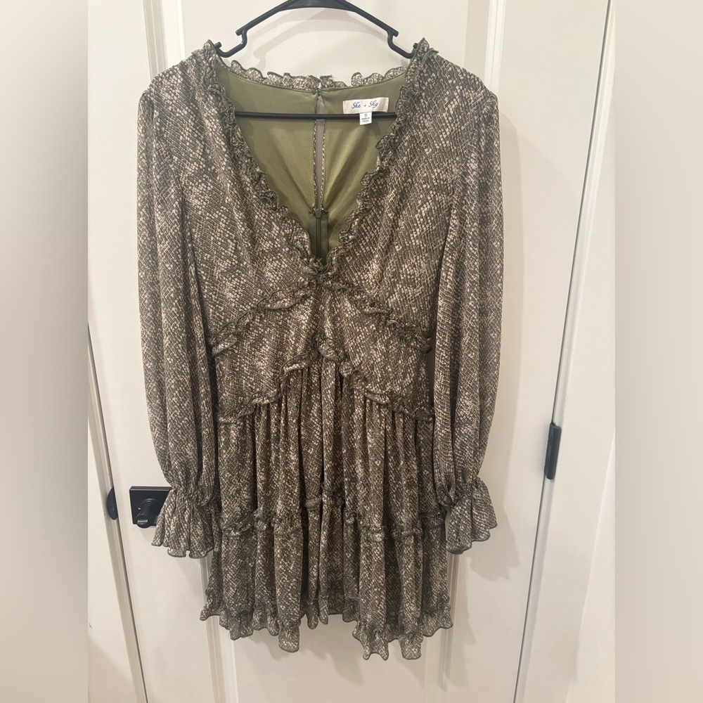 She + Sky Olive and Taupe Ruffle Dress